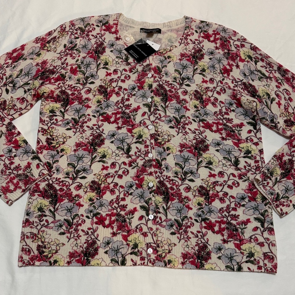 Saks Fifth Avenue Cream Cashmere Cardigan with Pink Floral Print M NWT